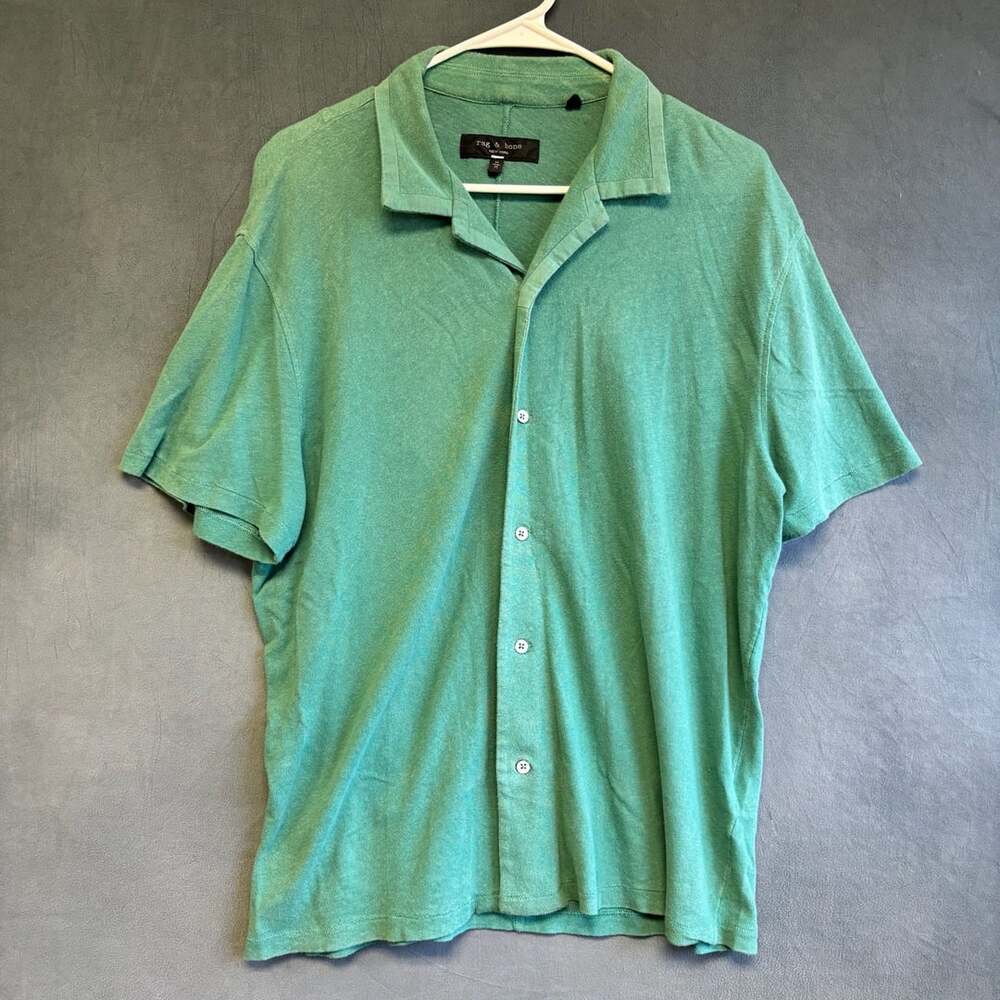 rag & bone Camp Collar Shirt Size M Green Linen Cotton Short Sleeve
